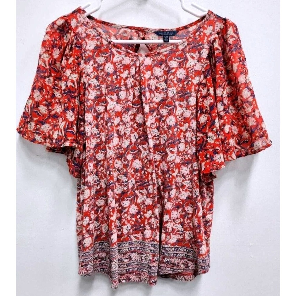 Lucky Brand Floral Flutter Sleeve Top Womens Large Red Boho Keyhole Back Blouse